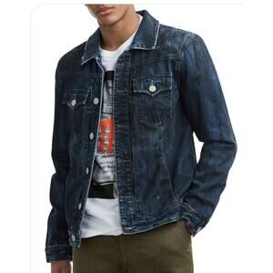TRUE RELIGION Dylan Distressed Denim Trucker Jacket‎ Flap Pockets Indigo Mens L